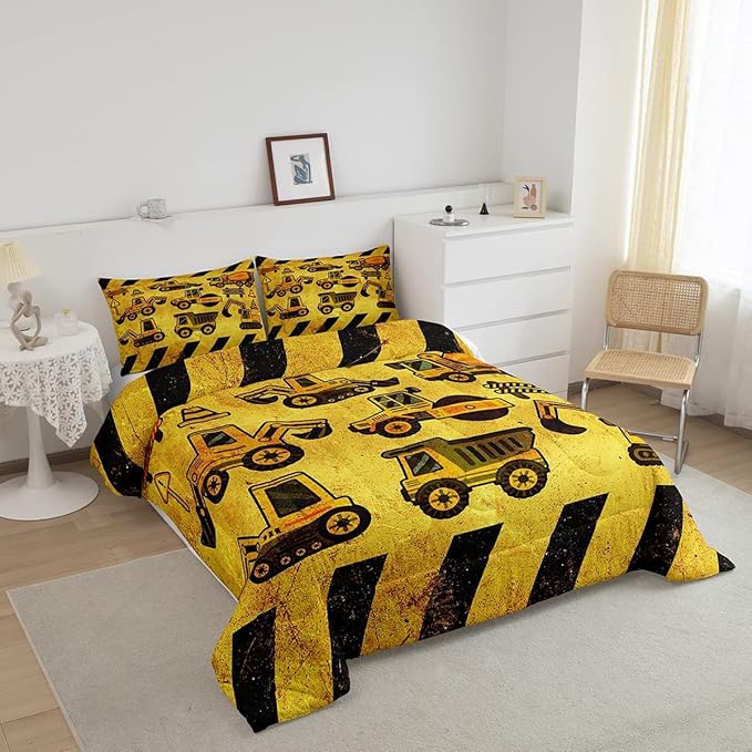 Kids Construction Comforter Set Twin, Boys Cartoon Car Down Comforter, Cartoon Machinery Truck Bedding Set, Yellow Tractor Excavator Super Soft Comforter For Children Teens, Kids Car Theme Room