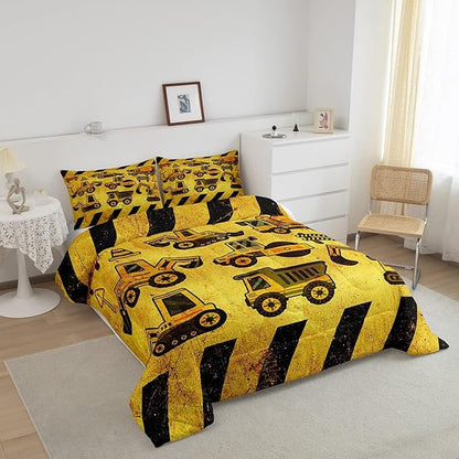 Tractor Bedding Set Full Size, Equipment Truck Comforter Set, Construction Excavator Down Comforter, Yellow Vehicle Super Soft Quilt Set For Kids Boys Teens, Construction Site Car Comforter Decor