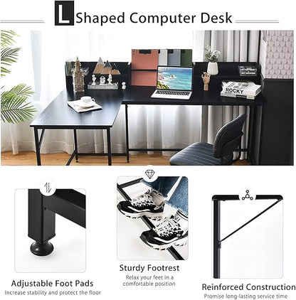 LUARANE 65.5 Inches L-Shaped Desk, Industrial Computer Desk with Hutch File Rack, Space Saving Corner Desk with Metal Frame, Computer Workstation for Home Office (Black)