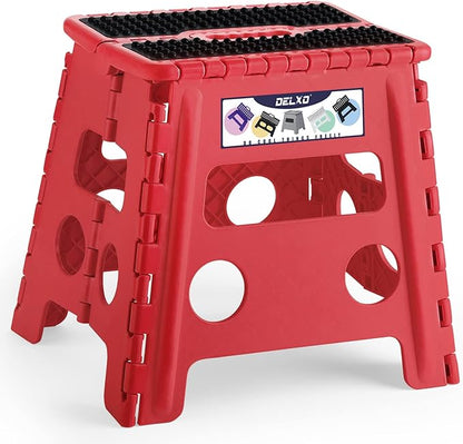 Delxo Folding Step Stool,Non-Slip Stool 13 inch Height Premium Heavy Duty Foldable Stool for Kids and Adults,Kitchen Garden Bathroom Stepping Stool 1 Pack in Red,2021 Upgrade Dotted Texture