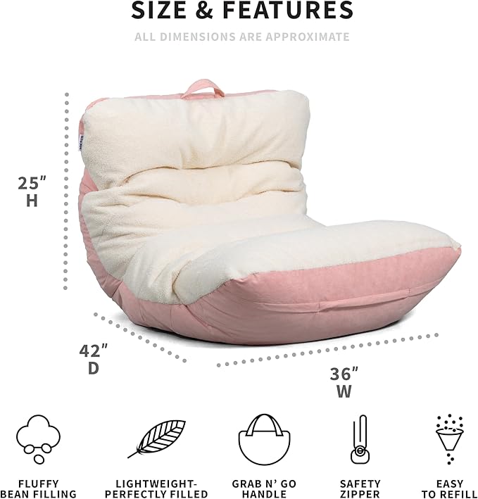 Big Joe Roma Bean Bag Chair, Oat Sherpa and Desert Rose, Vegan Suede, 3 feet