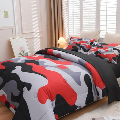 Meeting Story Camouflage Bedding Set, Colorful Pattern Style Comforter Set, 5 PCS One Comforter Two Pillowcases Two Sheets in One Bag, All Season Bedspread for Teens Adults (Red-Black, Full 5Pcs)