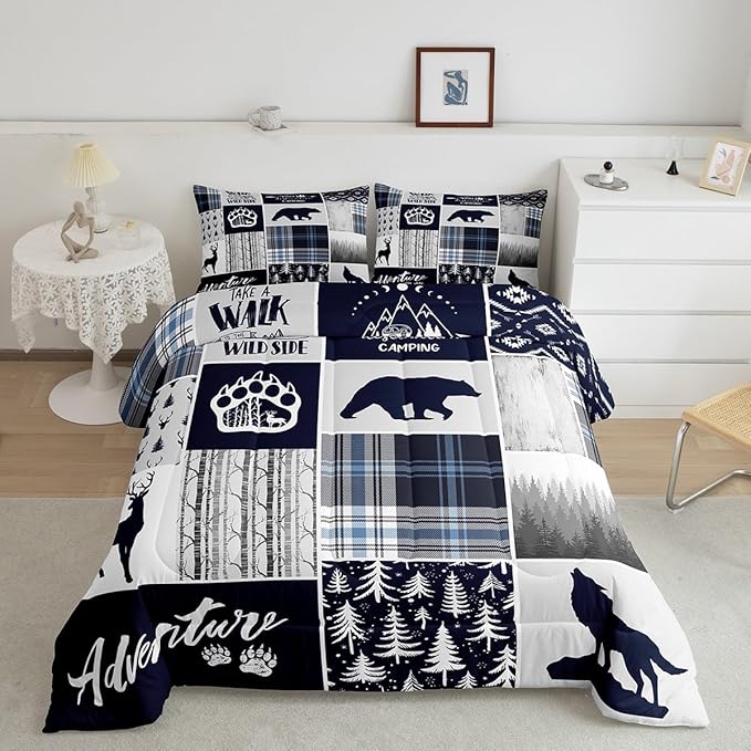 Manfei Deer Bear Kids Comforter Set Full Size,Wolf Hunting Adventure Rustic Bedding Set for Boys Girls Adults Room Decor,Geometric Plaids Patchwork Down Comforter,Blue Xmas Duvet Insert,2 Pillowcases