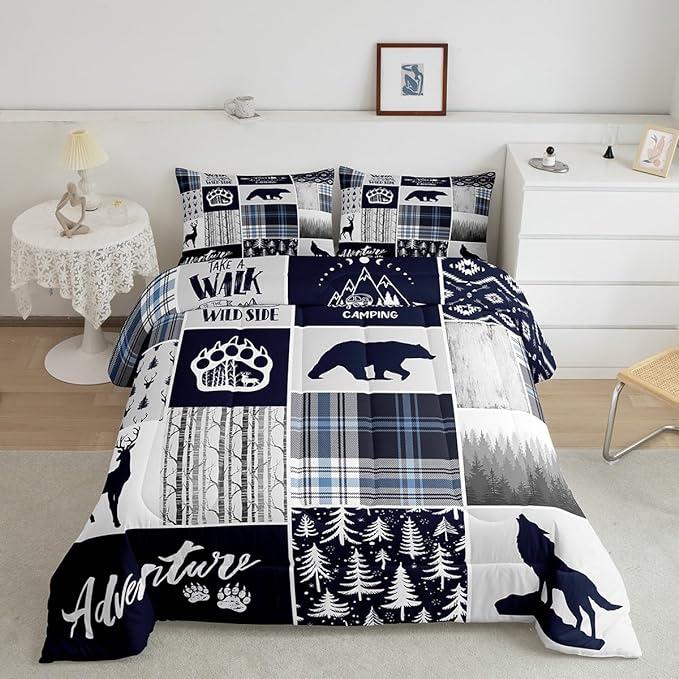 Manfei Deer Bear Kids Comforter Set Twin Size,Wolf Hunting Adventure Rustic Bedding Set for Boys Girls Adults Room Decor,Geometric Plaids Patchwork Down Comforter,Blue Xmas Duvet Insert,1 Pillowcase