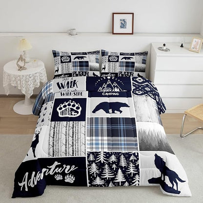 Manfei Deer Bear Kids Comforter Set King Size,Wolf Hunting Adventure Rustic Bedding Set for Boys Girls Adults Room Decor,Geometric Plaids Patchwork Down Comforter,Blue Xmas Duvet Insert,2 Pillowcases