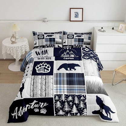 Deer Bear Kids Comforter Set Queen Size,Wolf Hunting Adventure Rustic Bedding Set for Boys Girls Adults Room Decor,Geometric Plaids Patchwork Down Comforter,Blue Xmas Duvet Insert,2 Pillowcases