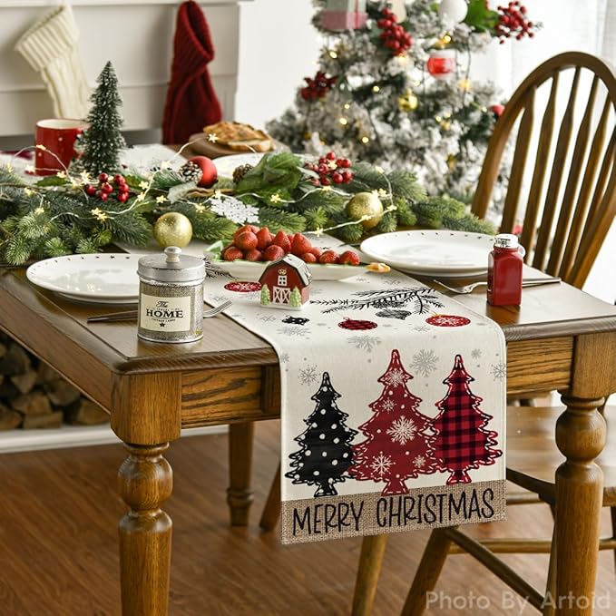 Artoid Mode Red Pine Trees 2PCS Merry Christmas Table Runner, Seasonal Winter Holiday Kitchen Dining Table Decoration for Home Party Decor 13x72 Inch