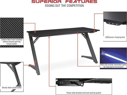 OSP Home Furnishings Beta Battlestation Gaming Desk with Bluetooth RGB LED Lights, Matte Black