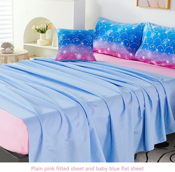 URBONUR 6Pcs Mermaid Comforter Set for Girls Full Size Bed in a Bag Pink Purple Blue Sparkle Glitter Bedding Set Soft All Season Comforter with Sheet Set