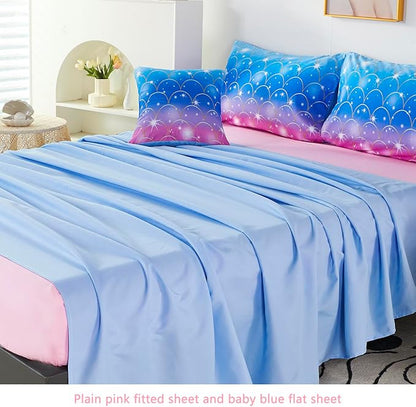 URBONUR 6Pcs Mermaid Comforter Set for Girls Full Size Bed in a Bag Pink Purple Blue Sparkle Glitter Bedding Set Soft All Season Comforter with Sheet Set