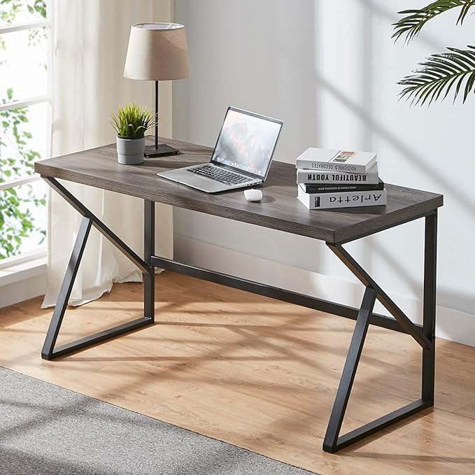 HSH Large Rustic Grey Computer Desk, Metal and Wood Home Office Desk, Industrial Vintage Soho Study Writing Table, Big Long PC Desk Workstation for Livingroom Bedroom, Dark Gray Oak, 60 Inch Wide