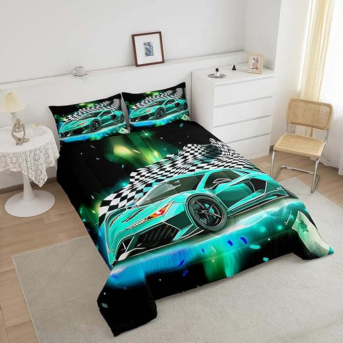Teal Race Car Comforter Set Twin Size, Black White Lattice Bedding Set 2pcs for Kids Boys Teens Room Decor,Extreme Sport Games Quilt Set,Cool Modern Duvet Insert with 1 Pillowcase