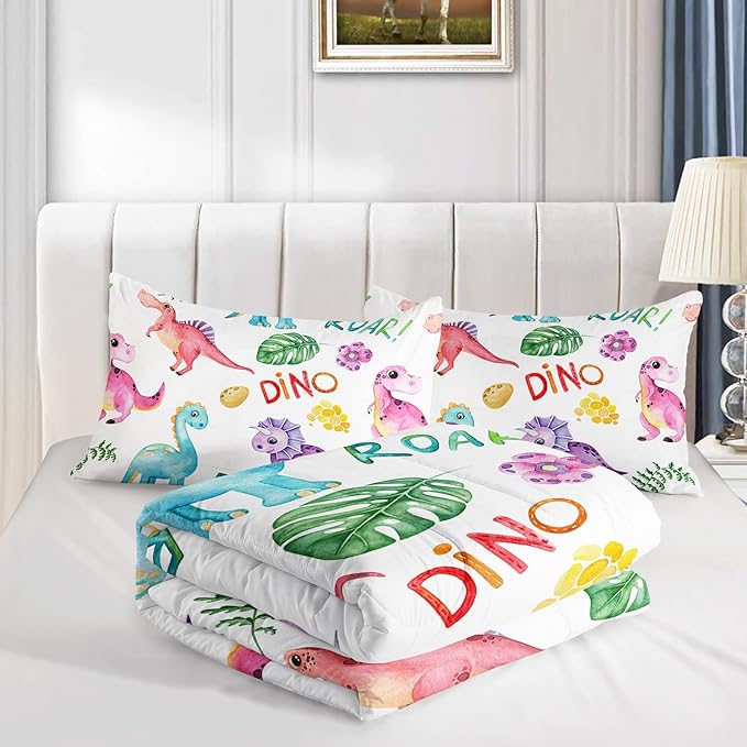 Cartoon Dinosaur Comforter Set Twin 3Pc Kawaii Dinosaur Bedding Set All Season with Tree, Leaf Decoration includes 1 Comforter, 2 Pillowcases for Kids Girls Teens