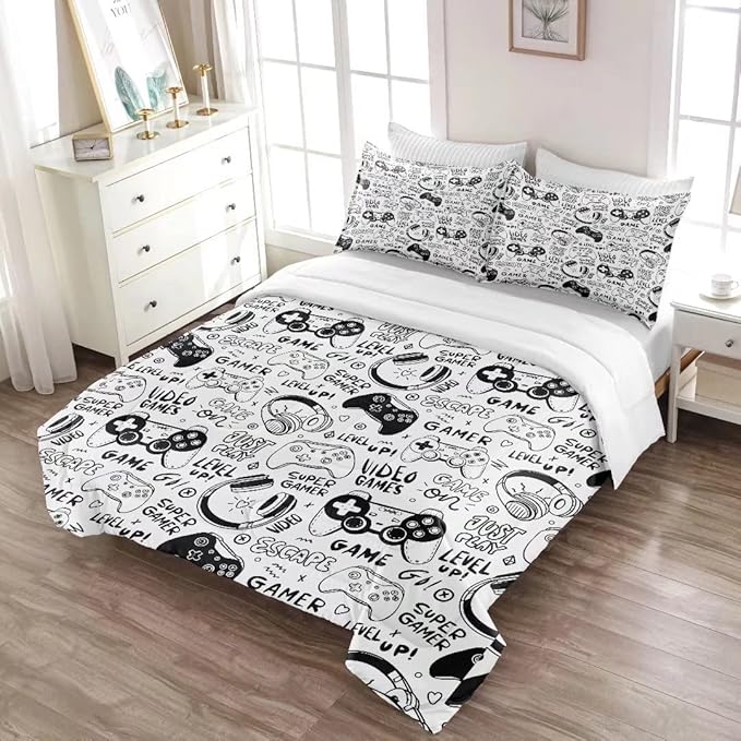 Gaming Comforter for Boys Teens,Game Bedding Sets Queen,Kids Gamer Comforter Set,Video Game Bedroom Decor,Gamepad Controller Duvet Insert All Season 3 Piece 1 Comforter and 2 Pillowcases