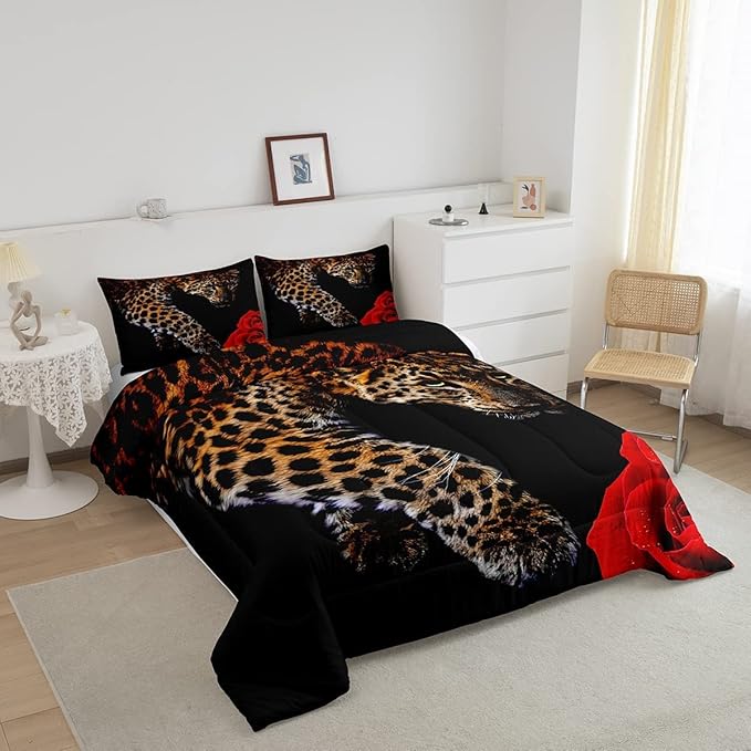 Erosebridal Leopard Comforter Set King Size,Red Rose Cheetah Bedding Set,Cat Leopard Print Down Comforter, Romantic Floral Quilted Duvet, Safari Animal Quilt Set, Stylish Bedroom Decor, Black