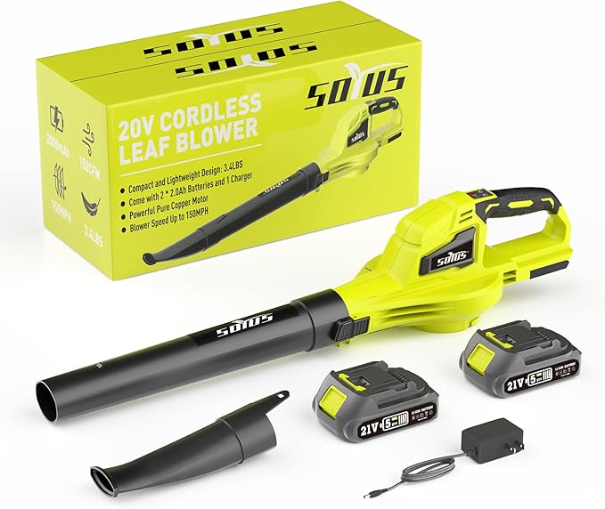 SOYUS Leaf Blower, 20V Leaf Blower Cordless with 2x2.0Ah Battery and Charger, 150 MPH Electric Leaf Blower with Two-Speed Mode, Blowers for Lawn Care, Debris Dust Cleaning(Green)