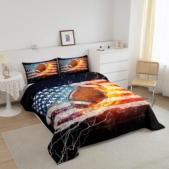 Boys American Football Comforter Set, United States Flag Down Comforter King Size, Soccer Sports Games Bedding Set for Kids Teens Adult Men, Geometric Stripes Retro Duvet Sets, Blue White and Red
