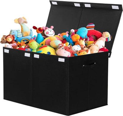 122L Large Toy Box Chest with Lid, Foldable Toy Storage Organizer Bin Boxes with Removable Divider for Kids, Boys, Girls, Nursery, Playroom, 26"x17" x17"(Linen Black)
