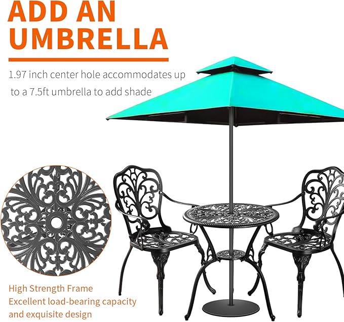 Bistro Table and Chairs Set of 2 Outdoor 3 Piece Bistro Sets Cast Aluminum Patio Bistro Set with Umbrella Hole, Patio Set for Garden, Black