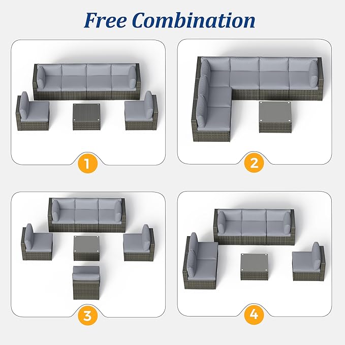 SUNVIVI OUTDOOR 7 Piece Patio Furniture Sets All Weather Gery PE Wicker Couch Sofa with Glass Table, Removable Grey Cushions