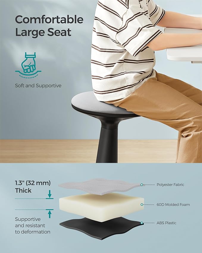 SONGMICS Kids Wobble Chair, Wiggle Stool for Kids Ages 8-12, Comfortable 60D Foam Seat, Breathable Fabric, Anti-Slip Base, 18.1-Inch High, Tool-Free Assembly, Ink Black and Dove Gray UOSC010B01