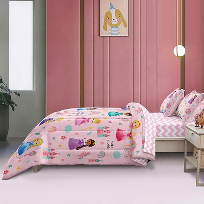 Kids Magical Princess Comforter Set Bed in a Bag Twin Size- 5 Piece Soft Cute Castle Bedding Set for Girls (1 Comforter, 1 Flat Sheet, 1 Fitted Sheet, 2 Pillowcases), Pink