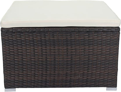11 Pieces Outdoor Furniture Sofa, 10 Seater Patio Sectional Set with 3 Storage Box Under Seat Brown Wicker + White Cushion for Garden, Balcony, Poolside, Backyard, Zk-Beige