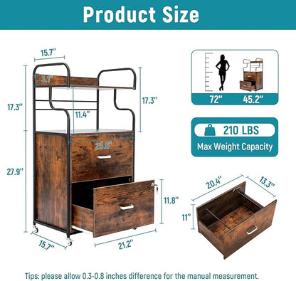 Vertical File Cabinet, 2 Drawer Mobile Filing Cabinet with 1 Bookshelf, Printer Stand with Open Storage Shelves Fits A4/Letter/Legal Size File Cabinets for Home Office Organizer, Brown