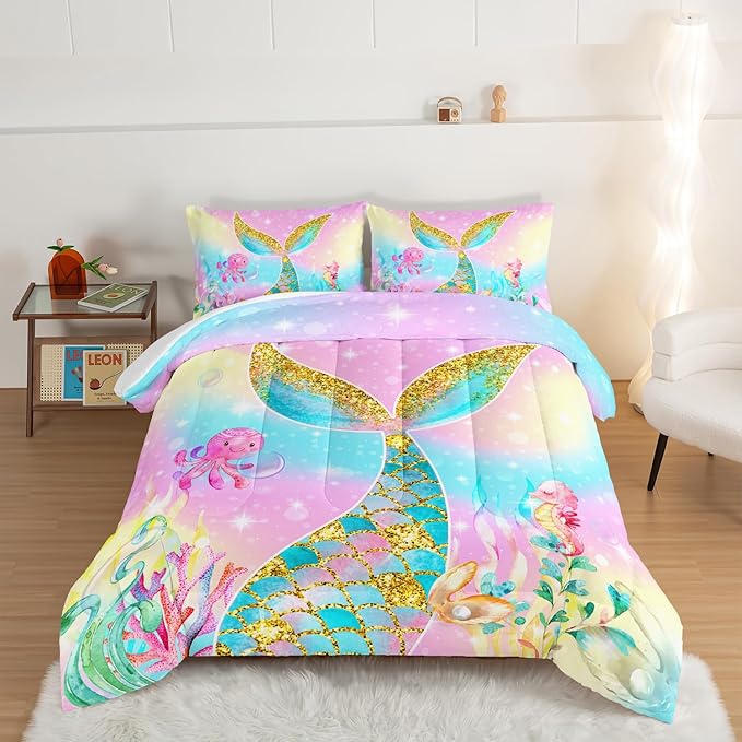 HOSIMA Mermaid Comforter with 2 Pillowcases,Girly Rainbow Bedding Set Mermaid Tail Comforter,Glitter Gold Fish Scales Queen Comforter Set,Cute Sea Animal Octopus Seahorse Comforter for Kids Teens.