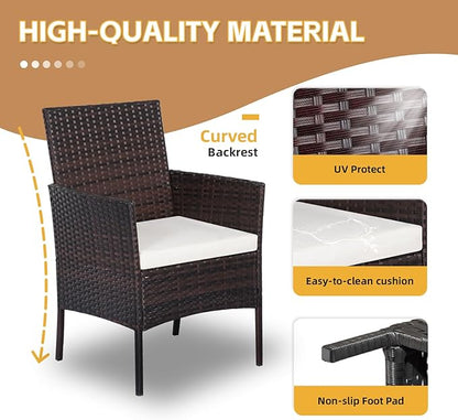 Patio Furniture Set 3 Pieces All-Weather Rattan Outdoor Furniture Patio Chairs with Tempered Glass Table for Porch Bistro Balcony Bistro Set(Brown/White)