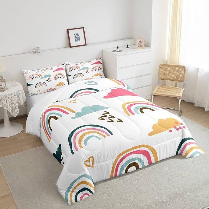 Girly Rainbow Comforter Set Queen Size,Hand Drawn Kawaii Rainbow Bedding Sets for Kids Children,Lovely Cartoon Style Clouds Love Heart Duvet Insert Abstract Artwork Down Comforter with 2 Pillow Shams