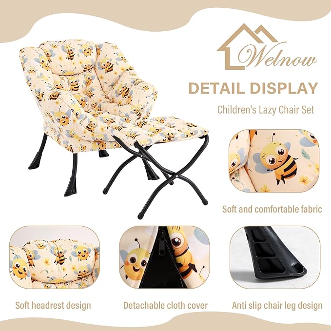 Welnow Toddler Kids Lazy Chair with Ottoman, Glow in The Dark Accent Comfy Lounge Children Armchair Couch with Removable Cover, Detachable Reading Chair with Footrest for Boy or Girl, Bees