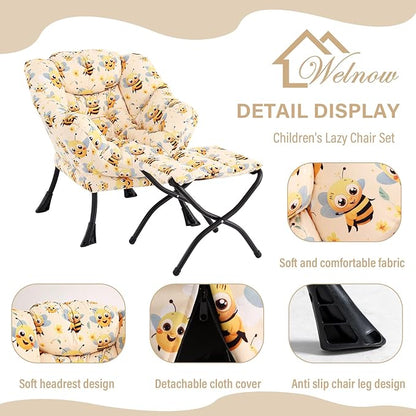 Welnow Toddler Kids Lazy Chair with Ottoman, Glow in The Dark Accent Comfy Lounge Children Armchair Couch with Removable Cover, Detachable Reading Chair with Footrest for Boy or Girl, Bees