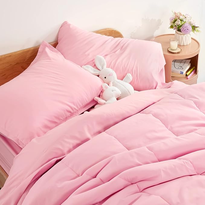 SLEEP ZONE Kids Bedding Comforter Set Full/Queen Size - Super Cute & Soft Kids Bedding 7 Pieces Set with Comforter, Sheet, Pillowcase & Sham (Ballet Pink Color)