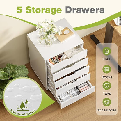 DUMOS 5 Drawer File Cabinet 5 Wood Rolling Organizer Storage Chest with Wheels Mobile Printer Stand for Home Office, White