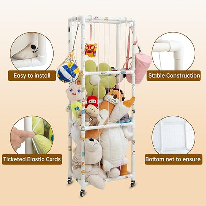 X-Large Plush Stuffed Animal Zoo Cage with Wheels, 67.7'' Stuffed Animal Storage Zoo Holder Standing, Toy Storage Organizer Shelves Basket with Net for Playroom, Bedroom, Nursery