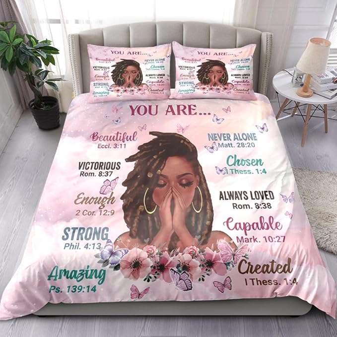 Kids Comforter Sets Full Size, Prayer Girl and African American Girl Inspirational Quotes with Floral Butterfly, Teens Bedding Sets for Girls Women (Full, Pink White)