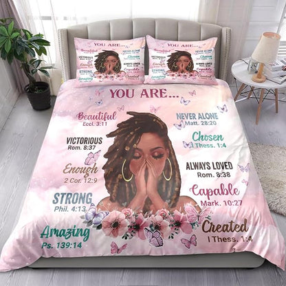 Kids Comforter Sets Full Size, Prayer Girl and African American Girl Inspirational Quotes with Floral Butterfly, Teens Bedding Sets for Girls Women (Full, Pink White)