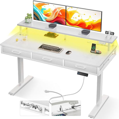 AODK 47 Inch Electric Standing Desk with 3 Drawers, White, Height Adjustable Desk with Power Outlets & LED Lights, Stand Up Desk with Monitor Shelf, Sit Stand Desk Computer Workstation