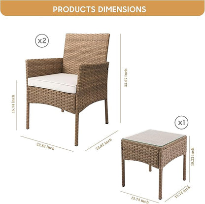 YIYAN 3 Pieces Patio Bistro Set Outdoor Wicker Furniture Outdoor Porch PE Rattan Wicker Chairs Furniture Sets with Sofa Chairs,Glass Coffee Table and White Washable Cushion