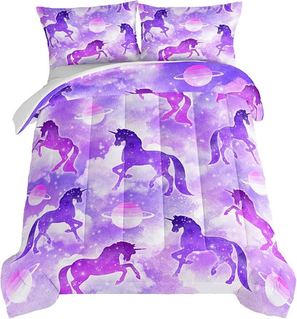 HOSIMA Purple Unicorn Bedding Sets for Girls Kids,3 Piece Soft Microfiber Galaxy Comforter Princess Crib Bedding Set Unicorn Bedroom Decor for Girls Room,Planet Cloud Queen Comforter Set.