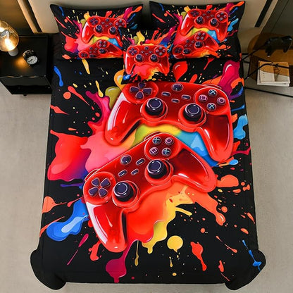 Full Size Gamer Comforter Set for Boys, Game Controller 6 Pcs Bed in a Bag Full Gaming Bediing Set for Boys Kids