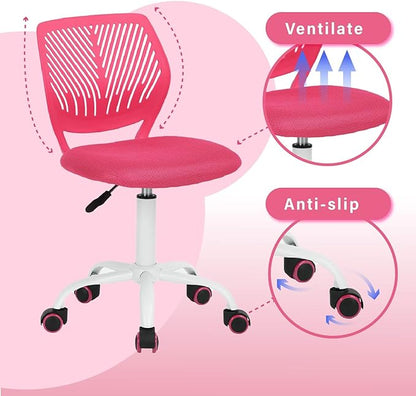 FurnitureR Teens Girls Task Chair 360 Swivel, Low Mid PP Mesh Back Fabric Seat, Height Adjustable, Rolling Castor, W15.7inces x D15.2inces x H29.5-34.2inches (Pink)
