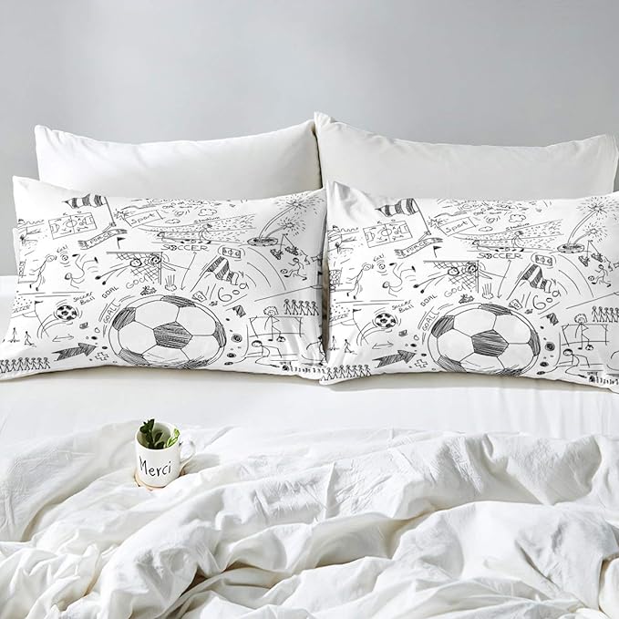 Erosebridal Boys Football Comforter Set King Hand Drawn Soccer Bedding Set for kids teen men Sports Games down comforter Black White Sketch Quilt Duvet Insert 1 Comforter with 2 Pillow Cases