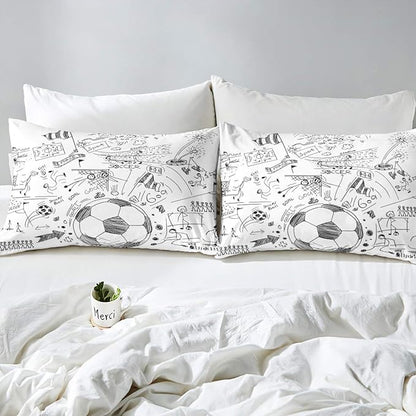 Erosebridal Boys Football Comforter Set King Hand Drawn Soccer Bedding Set for kids teen men Sports Games down comforter Black White Sketch Quilt Duvet Insert 1 Comforter with 2 Pillow Cases