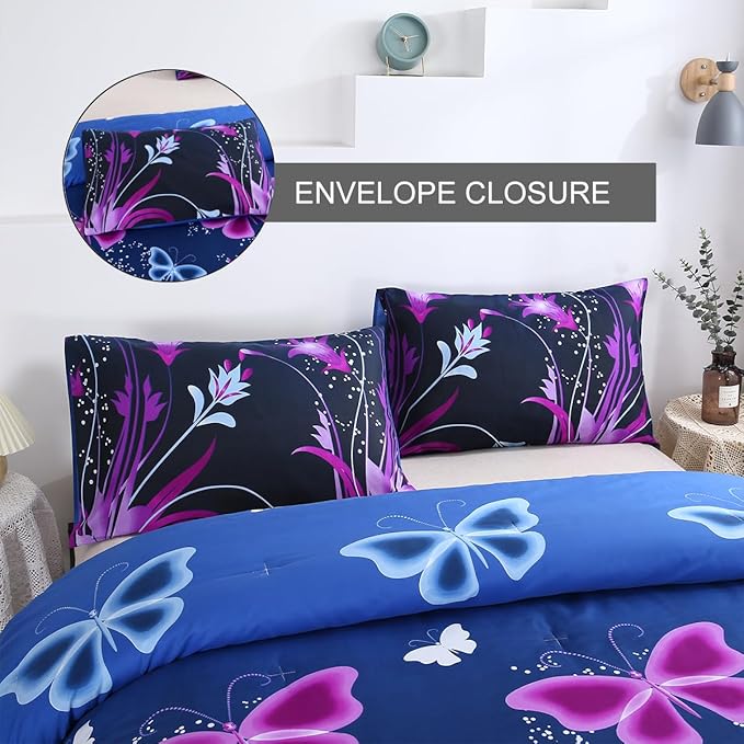 WINLIFE Butterfly Comforter Set Full Size for Girls Purple Blue Black Butterflies Printed Bedding Set for All Season, Soft Breathable & Light Bed Sets
