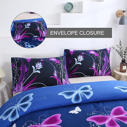 WINLIFE Butterfly Comforter Set Full Size for Girls Purple Blue Black Butterflies Printed Bedding Set for All Season, Soft Breathable & Light Bed Sets