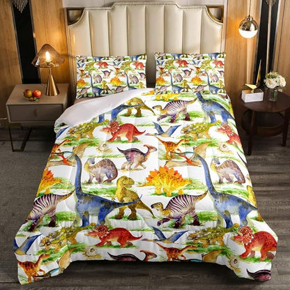 Erosebridal Dinosaur Comforter Set Kawaii Dino Bedding Set for Kids Girls Boys Teens Bedroom Decor, Retro Animal Duvet Insert Watercolor Wildlife Soft Microfiber Quilt with 2 Pillow Cases, King