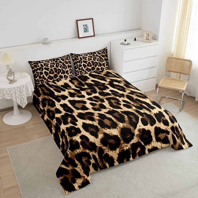 Black Brown Leopard Print Comforter Set Women Cheetah Printed Bedding Set Men Africa Animal Wildlife Duvet Set for Kids Girls Teens Bedroom Decor Luxury Home Hotel Room Soft Comforter Queen Size 3Pcs