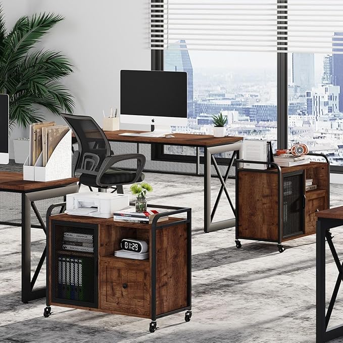 BON AUGURE Filing Cabinet for Home Office, Rolling Lateral File Cabinet with Storage, Wood Metal Printer Stand with Drawer (Rustic Oak)